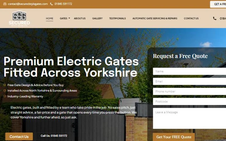 Secured Style Gates website hero showing an electric gate and a free quote request form